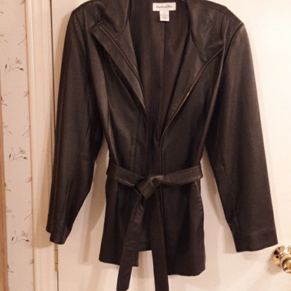 Women brown leather zipper and front tie jacket